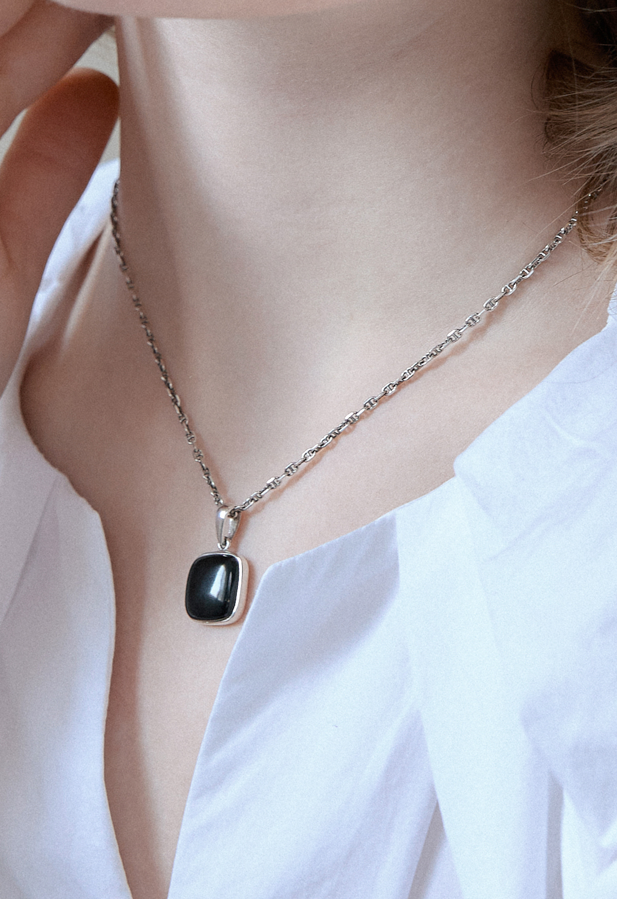 Black&amp;Silver Onyx Pendant Necklace - square