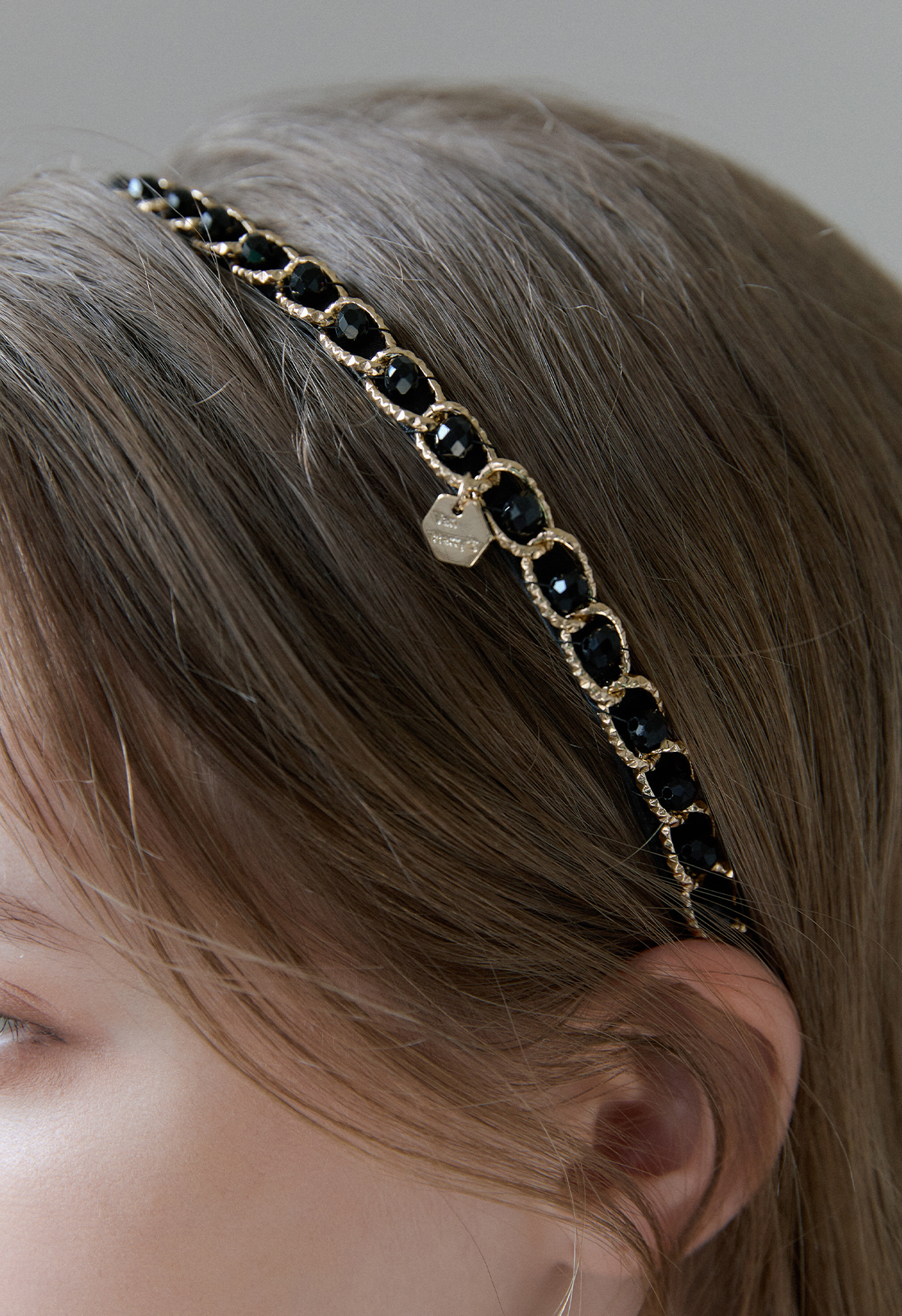 Crystal Gold Chain Headband - Black , Beige